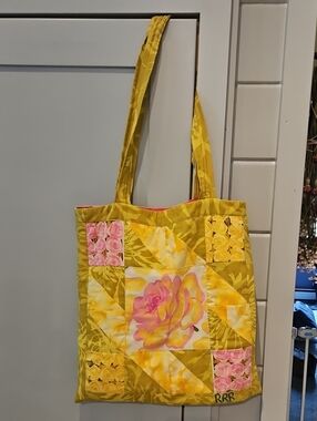 HAND MADE BY: RRR (Me) Yellow Floral Patchwork Tote with Pink Rose Accents